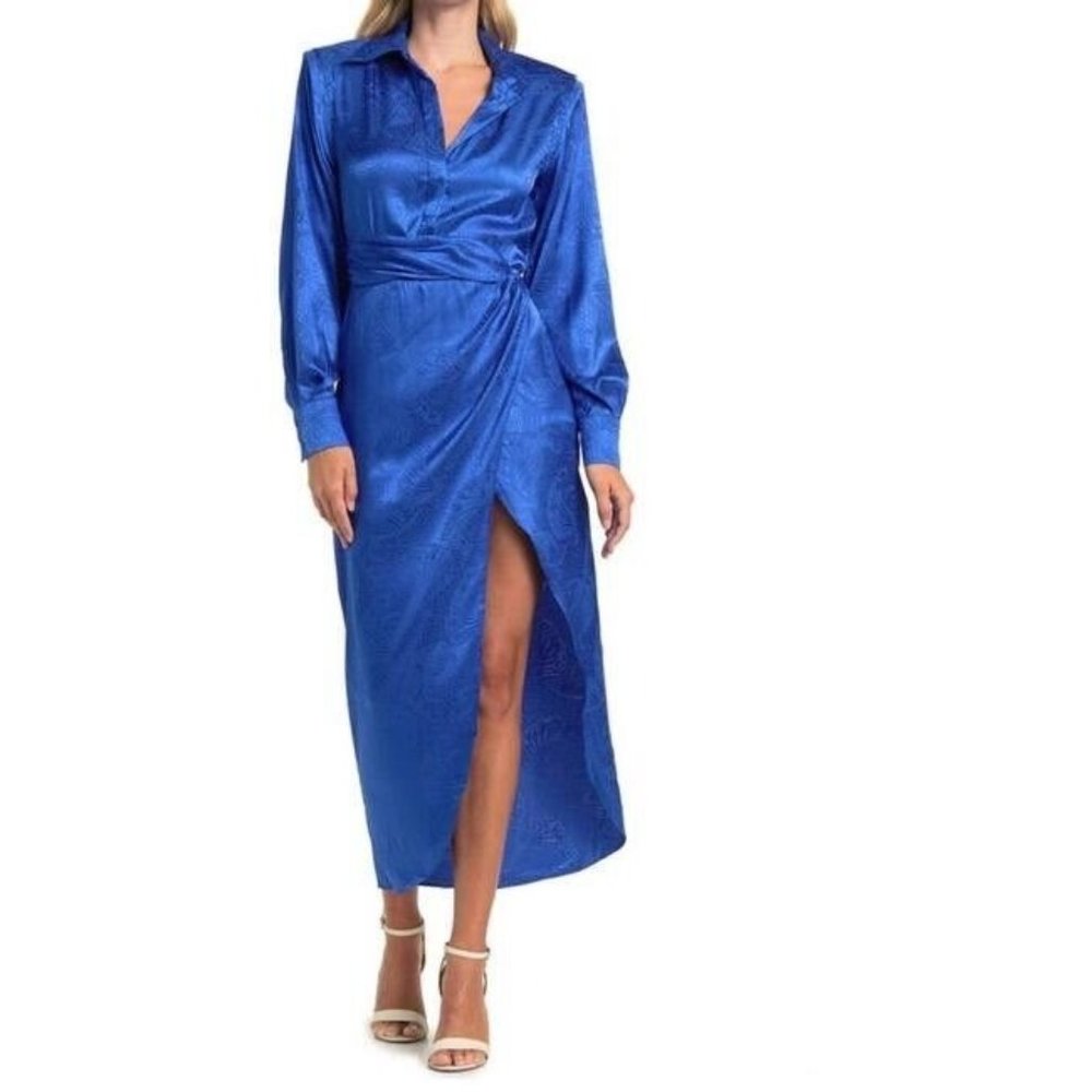 NEW Size S Small Womens Ronny Kobo Blue Bernice Satin Long Sleeved Midi Dress